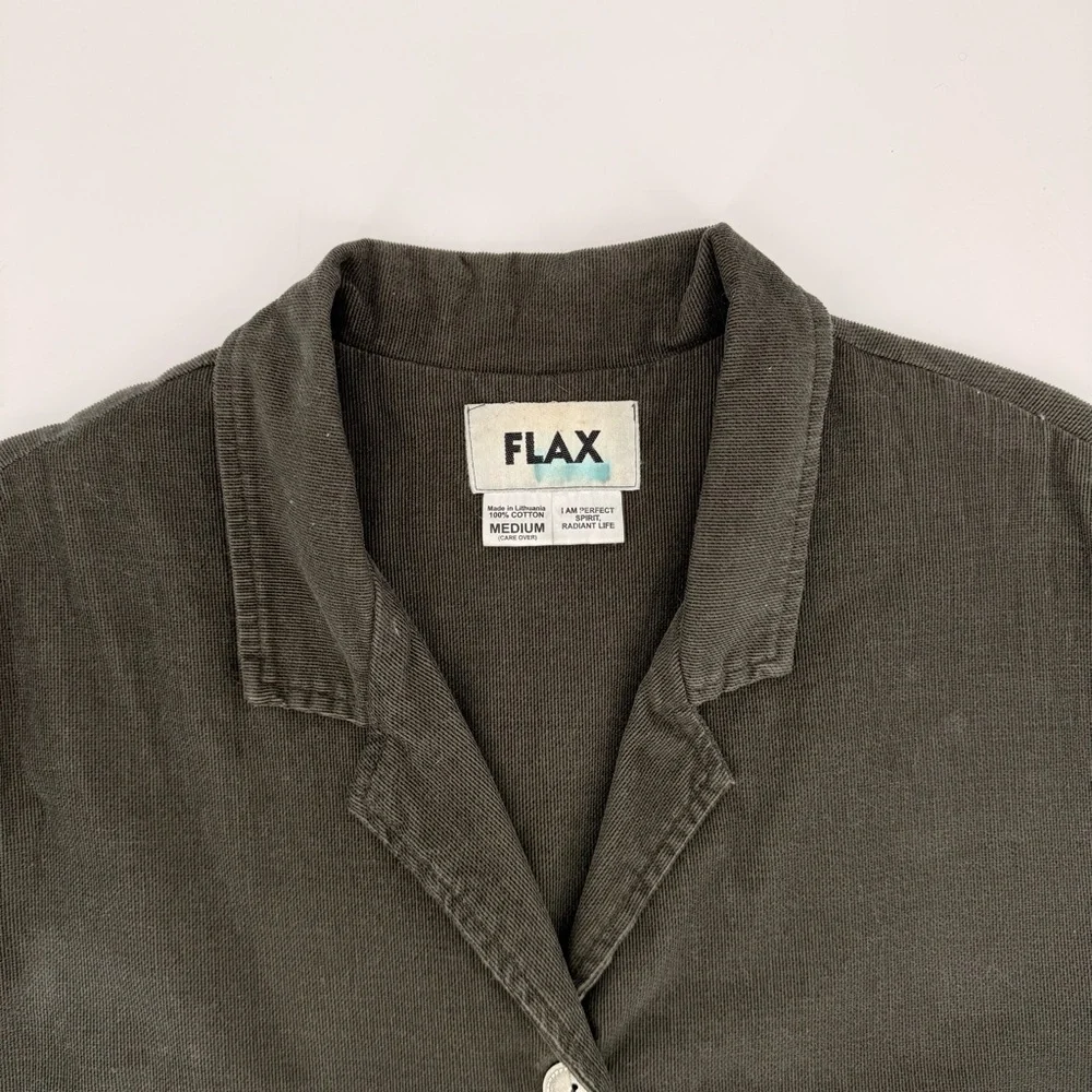 FLAX 100% Cotton Lagenlook Jacket Blazer Olive‎ Button Front Pockets Women’s M